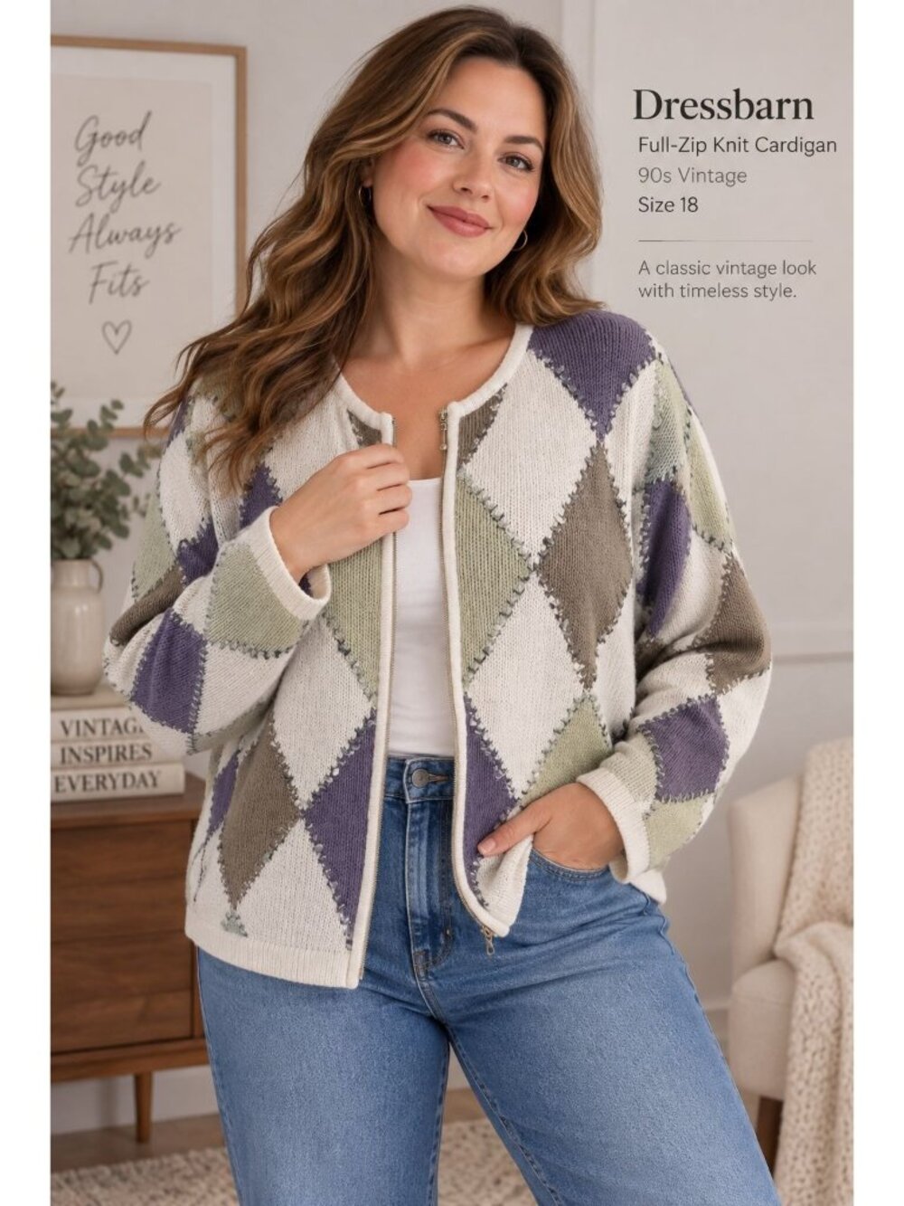 Dressbarn full-zip knit cardigan featuring a multicolored argyle diamond pattern